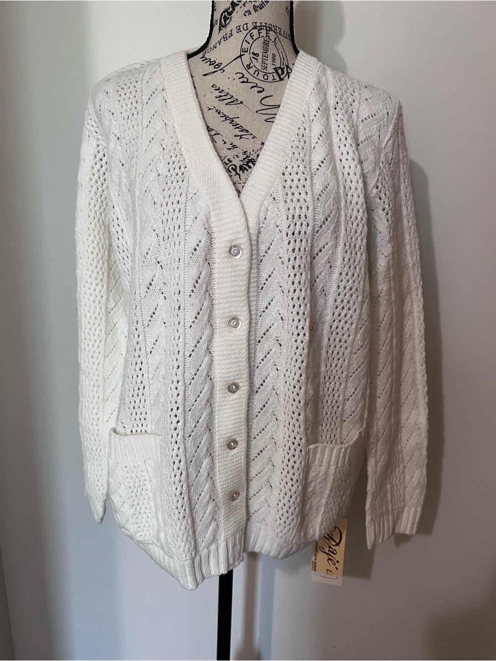Vintage Raje Ltd Cream Open Knit Cable Cardigan Sweater Made in USA Large